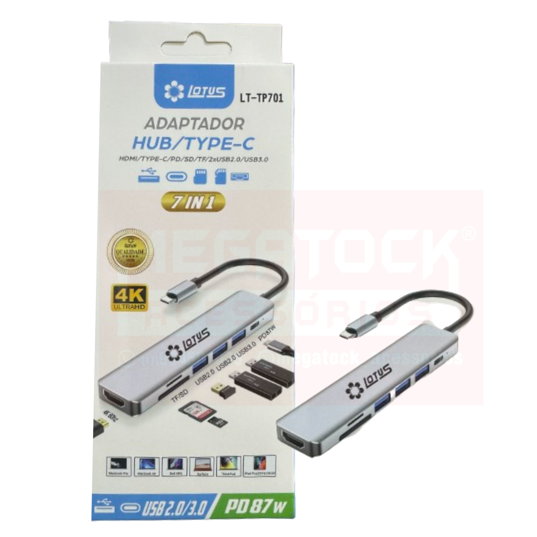 Adaptador Hub p/ Tipo-C 7EM1 LOTUS LT-TP701